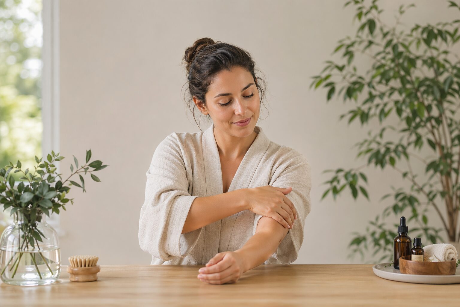 Automassage lymphatique des avant-bras dans une ambiance calme et lumineuse.