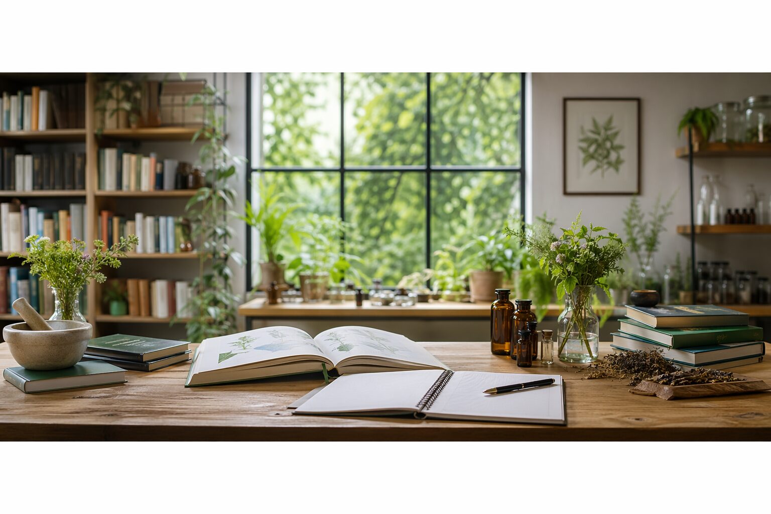 Bachelor naturopathie : bureau d'étude avec livres, plantes et cahier ouvert.