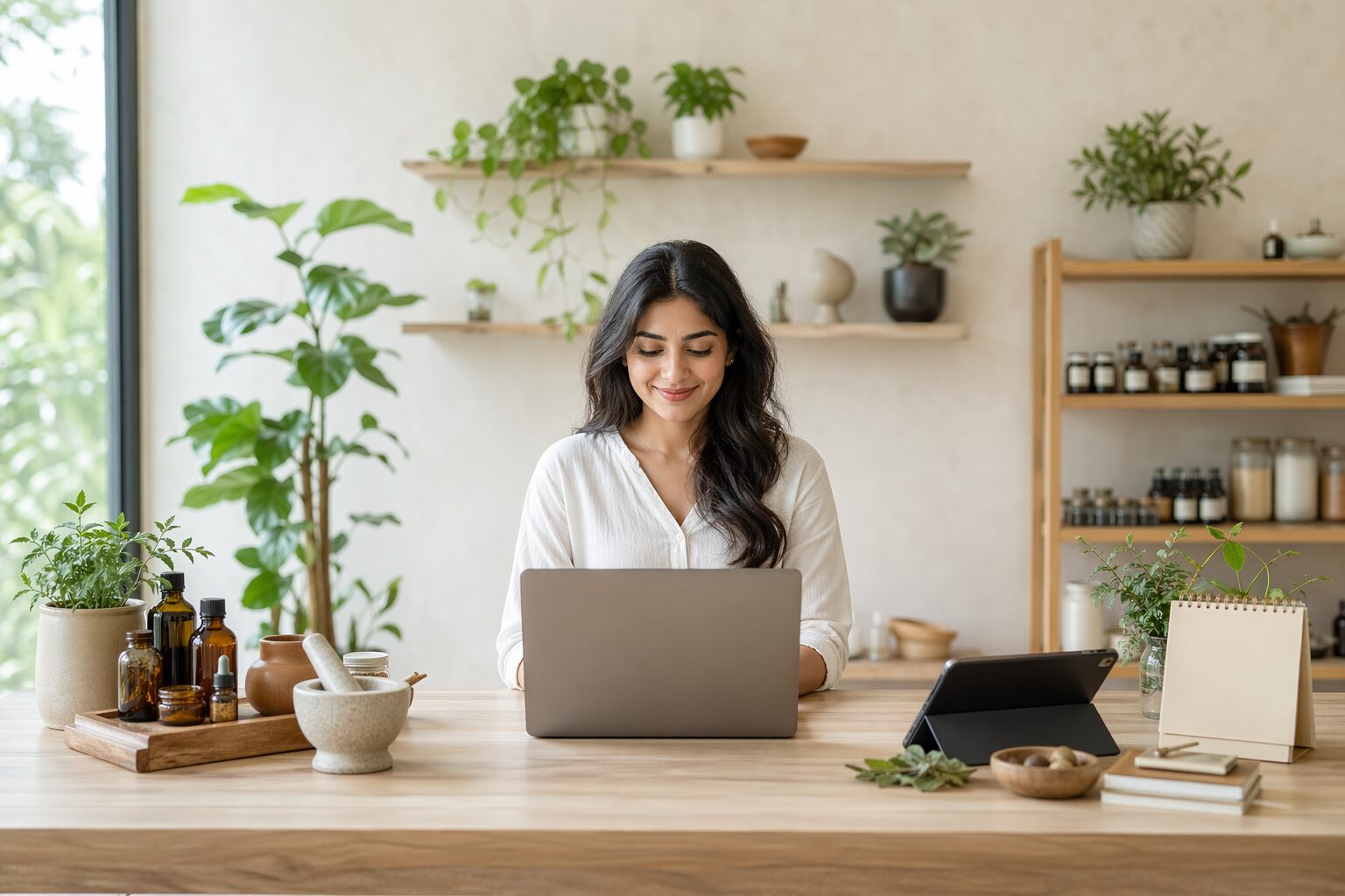Bureau de naturopathie avec ordinateur et outils pour une offre digitale.