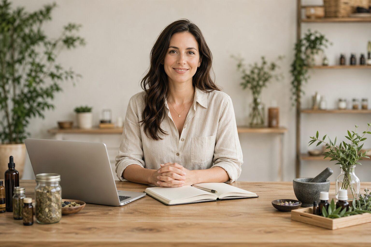 Cabinet de naturopathe en 2025 avec plantes, carnet et ordinateur.