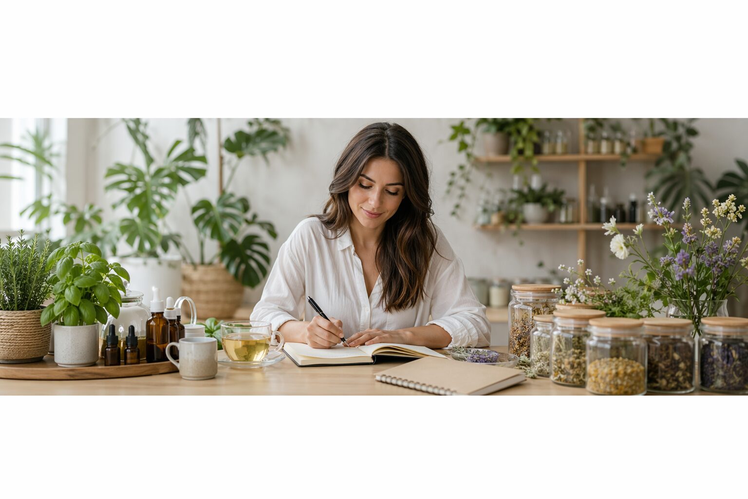 Consultation de naturopathie avec plantes, tisanes et carnets sur un bureau lumineux.