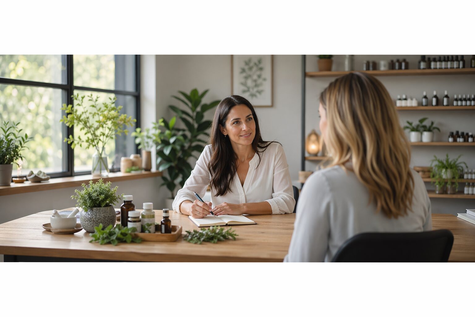 Consultation de naturopathie dans un cabinet lumineux et professionnel.
