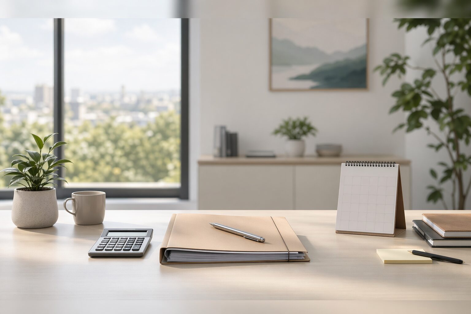 Dossier de formation naturopathe avec calculatrice et calendrier sur fond clair.