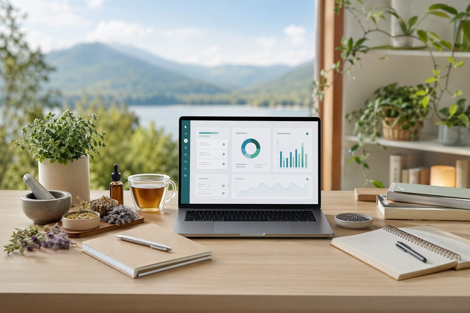 Formation naturopathe sur un bureau avec ordinateur, carnet et plantes.