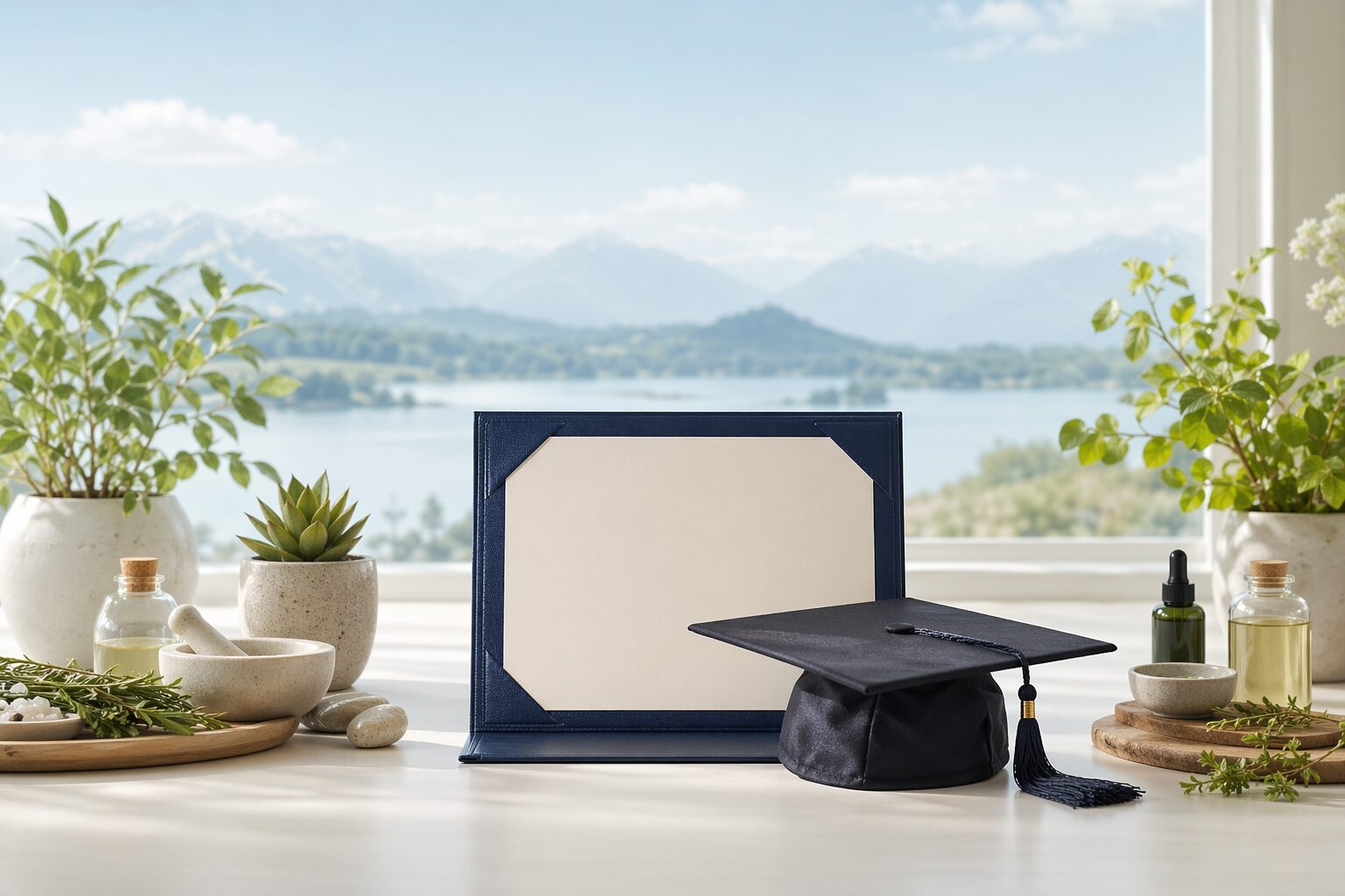 Formation naturopathie : dossier de diplôme et objets de bien-être sur une table claire.