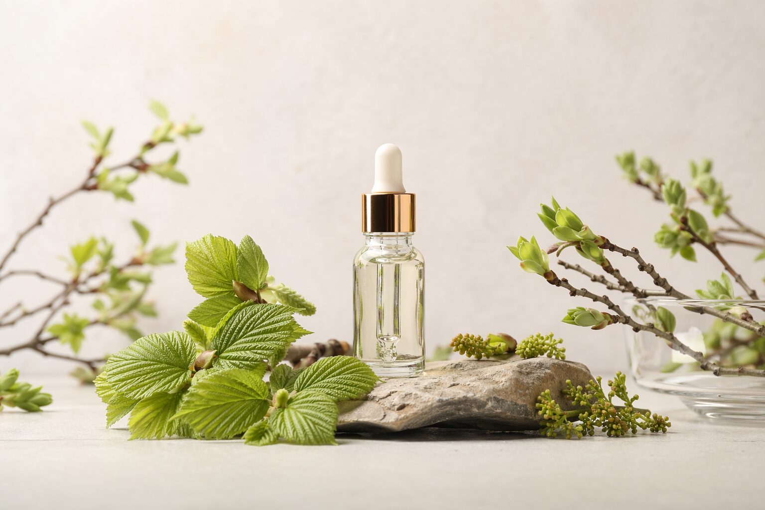 Gemmothérapie : bourgeons frais, jeunes feuilles et flacon de macérat.