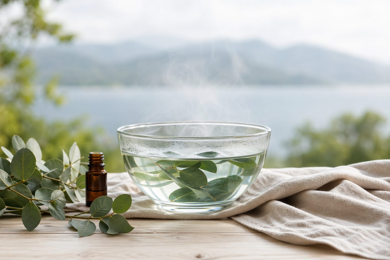 Huiles essentielles et plantes pour la santé respiratoire sur une table claire.