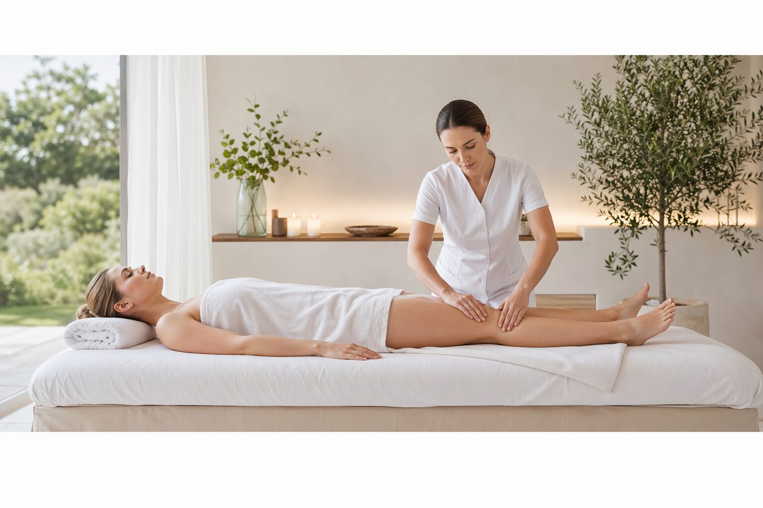 Massage lymphatique des jambes dans un cadre spa clair et apaisant.