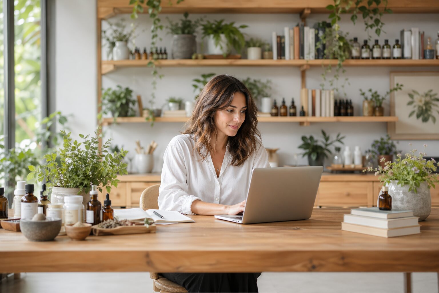 Naturopathe en 2025 travaillant sur son activité digitale dans un bureau clair.