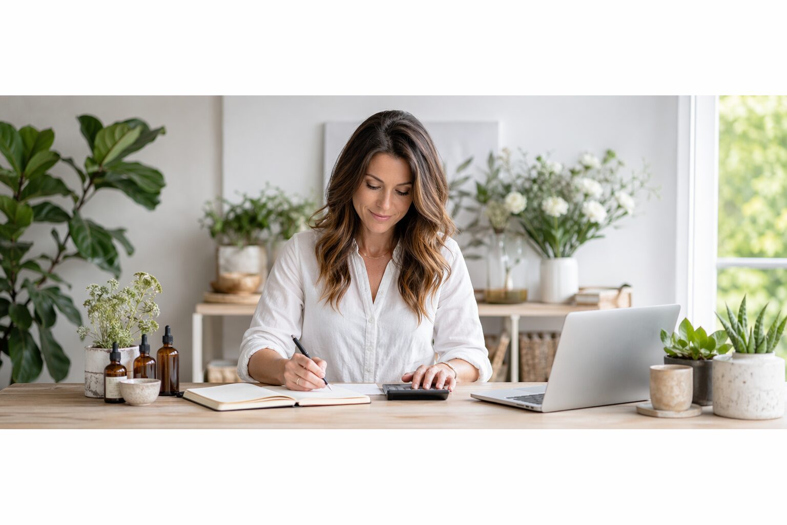 Naturopathe micro entrepreneur travaillant à son bureau avec ordinateur et calculatrice.