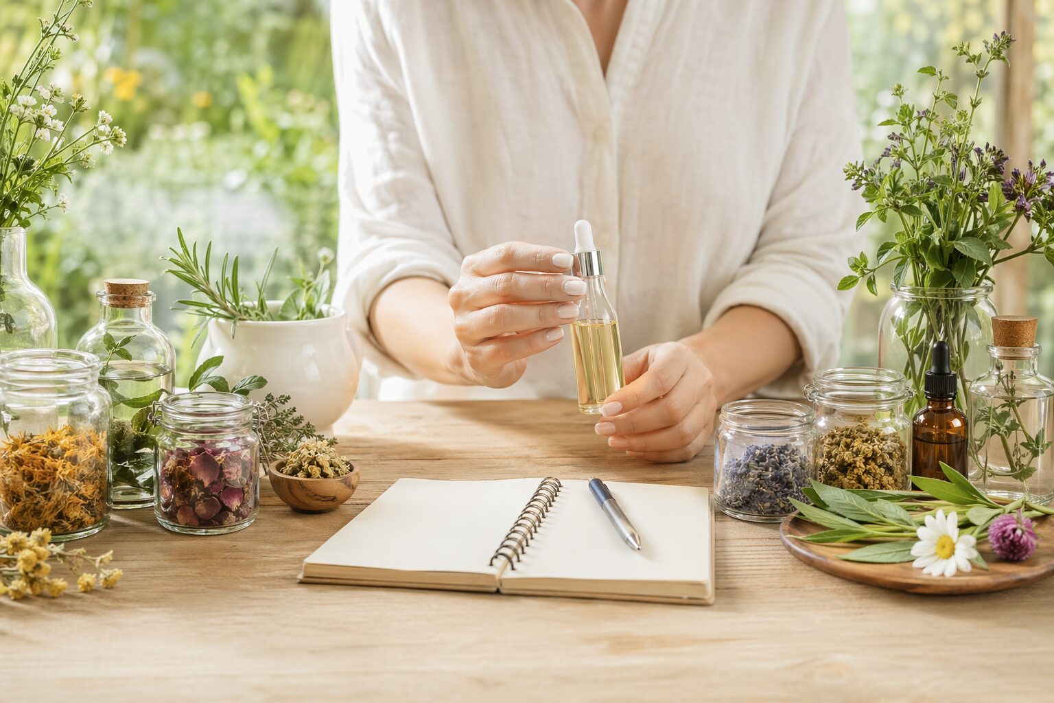 Naturopathie et ongles sains : bureau bien-être avec plantes et soins naturels.