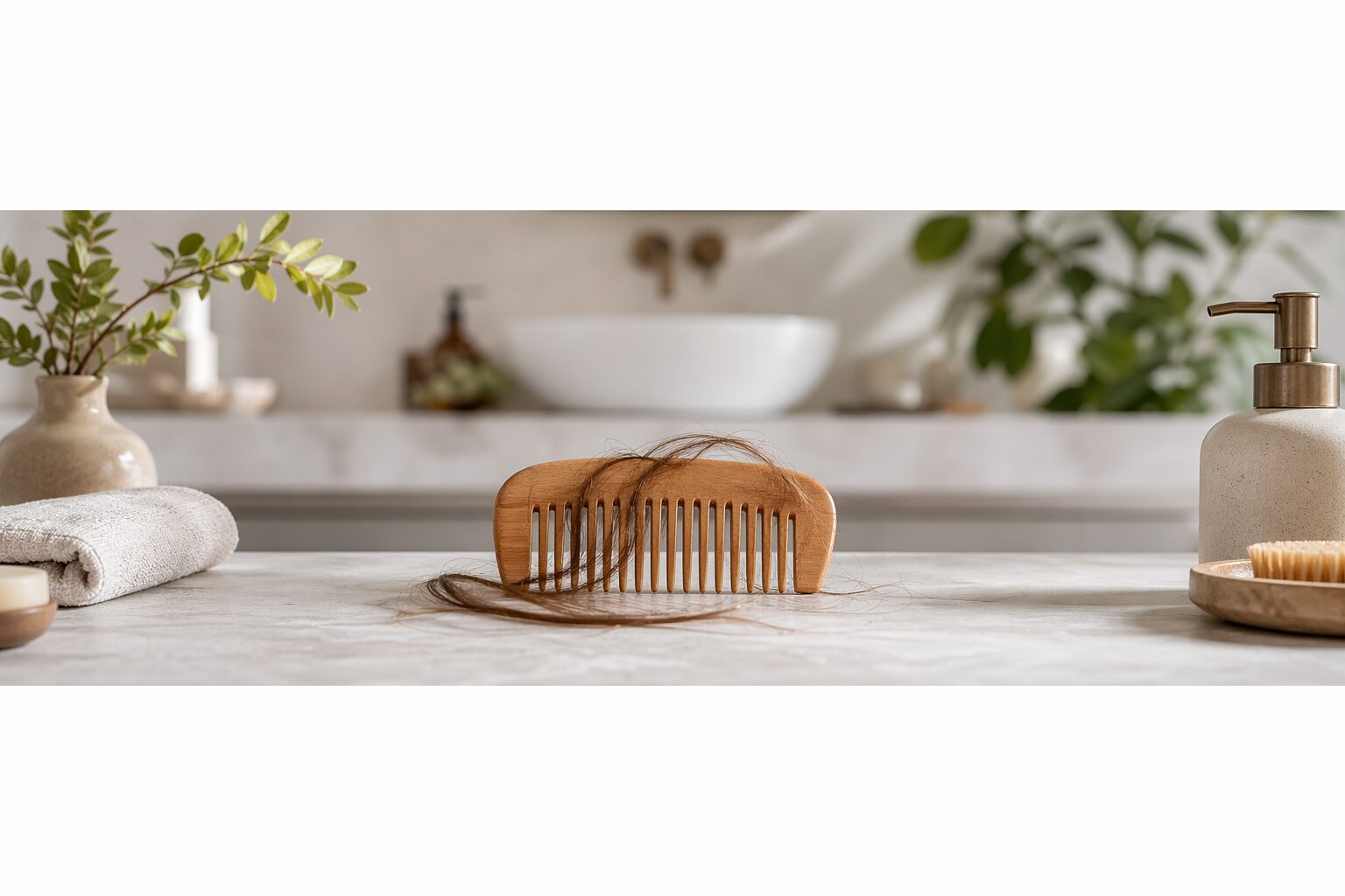 Perte de cheveux : un peigne avec quelques mèches dans une salle de bain claire.