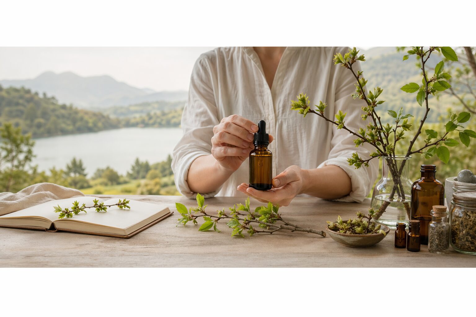 Préparation de gemmothérapie avec flacon ambré et branches de bourgeons.