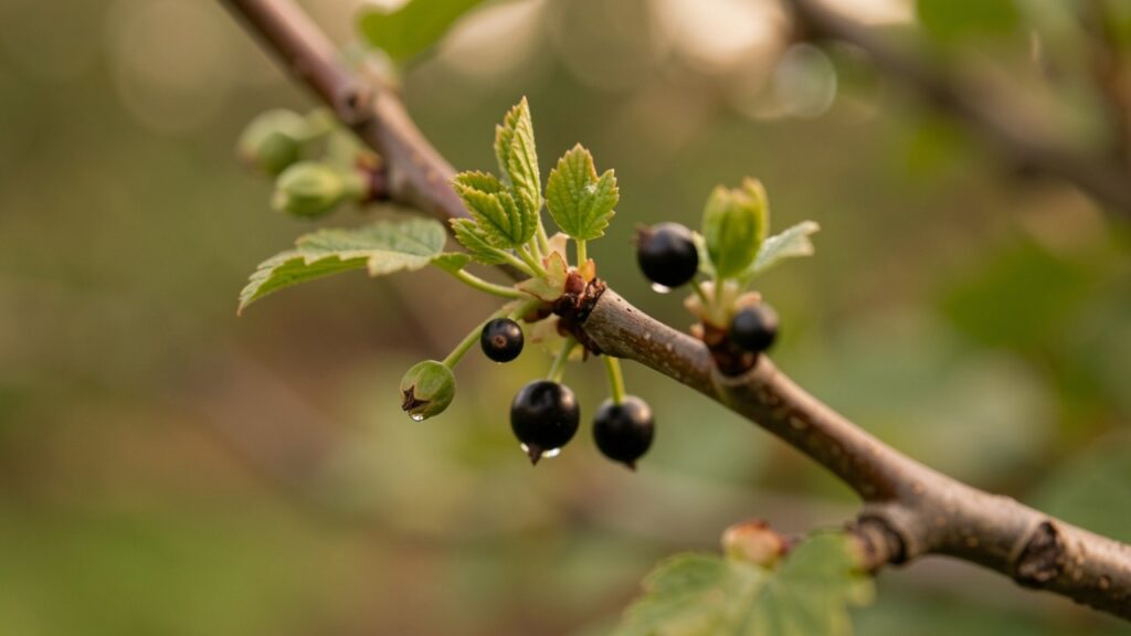 Rameau de cassis avec jeunes feuilles et bourgeons, plante la plus utilisée en gemmothérapie