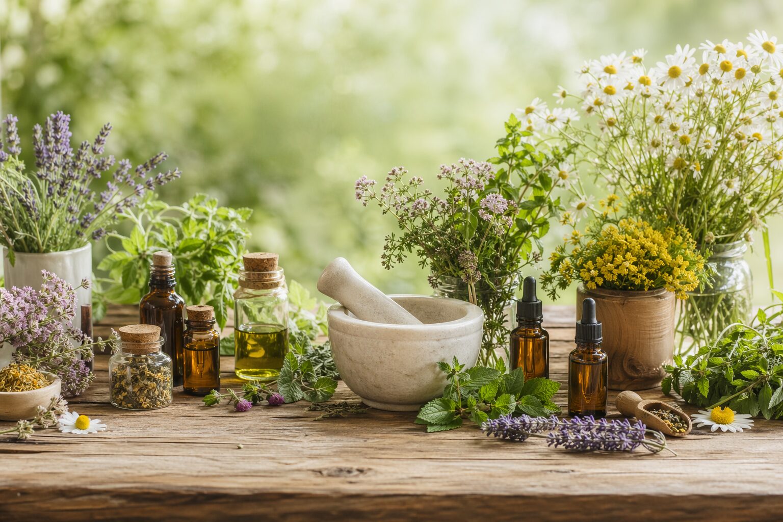 Matériel de médecine naturelle avec herbes, mortier et huiles sur une table claire.