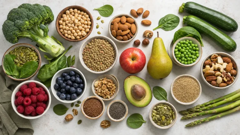 Assortiment d'aliments à index glycémique bas : légumes verts, légumineuses, fruits