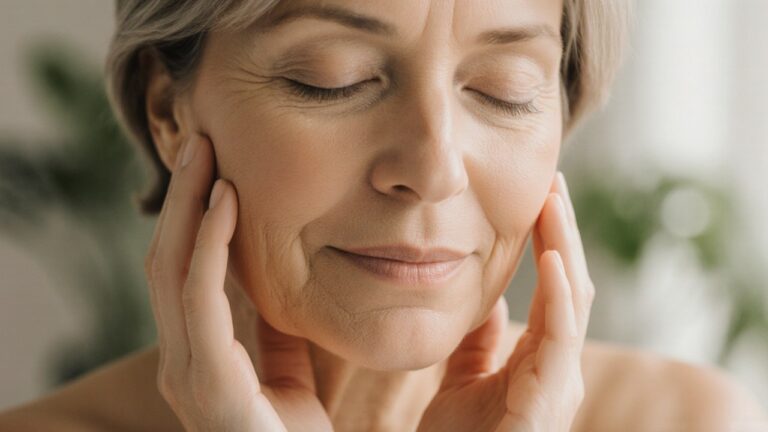 Femme au visage détendu et à la peau lisse, approche naturelle des rides d'expression