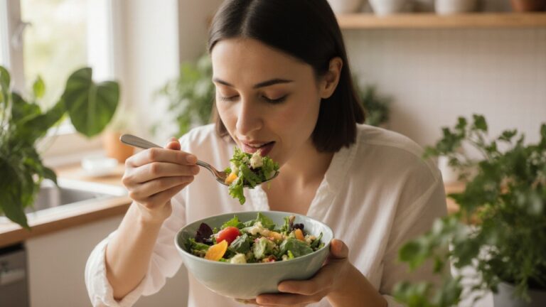 Femme savourant une salade colorée dans une cuisine lumineuse, satiété et alimentation naturelle