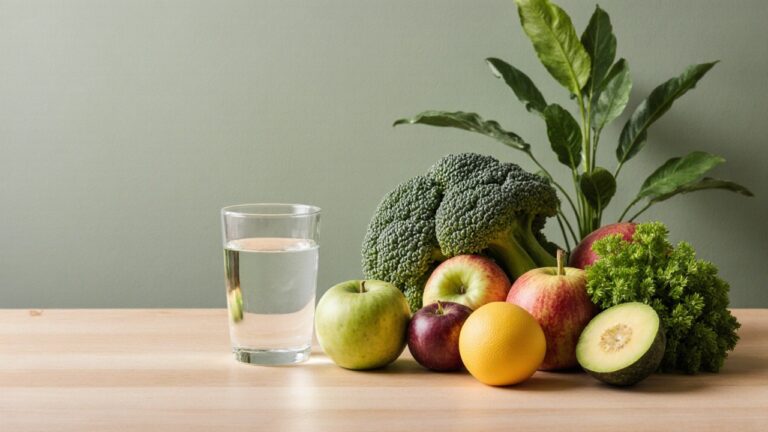 Légumes et fruits frais avec un verre d'eau, alimentation saine en accompagnement des GLP-1