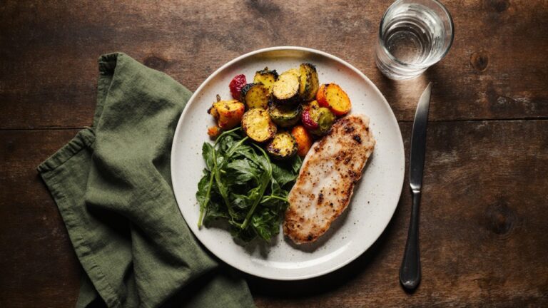 Assiette équilibrée légumes, protéine et verre d'eau, alimentation et accompagnement naturopathique