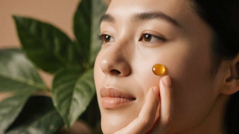 Application d'une goutte de sérum sur le visage, peau éclatante et feuillage vert, soin au collagène