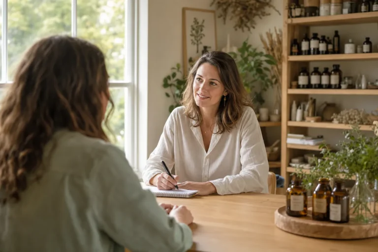 Naturopathe recevant un client pour un bilan de vitalité