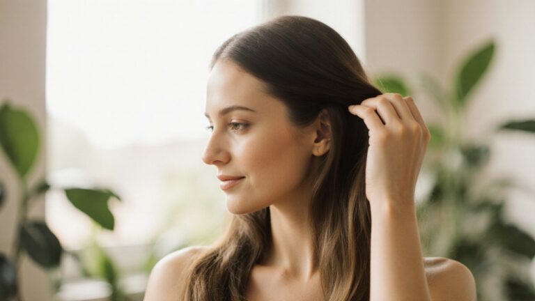 Femme aux cheveux sains et brillants dans un intérieur lumineux, soins capillaires et naturopathie