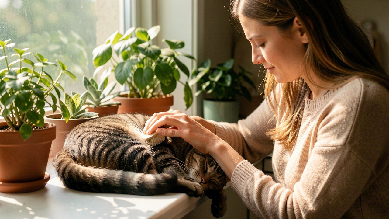 Femme brossant son chat près d'une fenêtre ensoleillée, soin naturel du quotidien