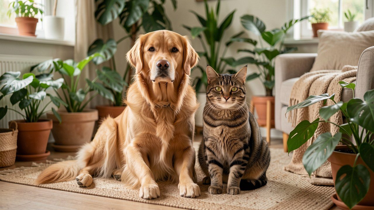 Chien et chat détendus dans un salon végétalisé, illustrant la naturopathie animale