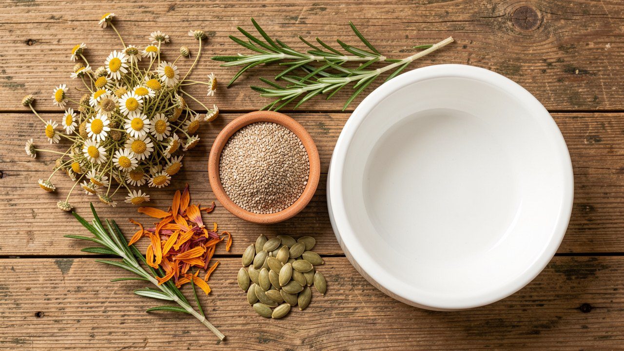 Camomille, calendula, psyllium et graines de courge pour les soins naturels du chien et du chat