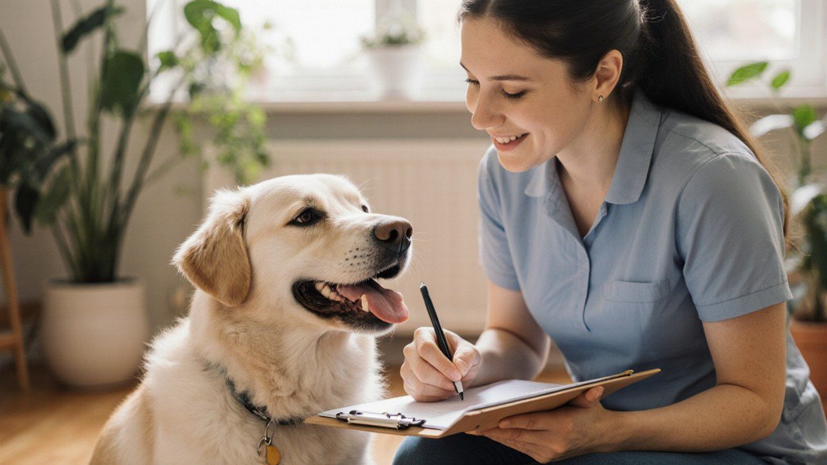 Praticienne en naturopathie animale réalisant un bilan d'hygiène de vie avec un chien et son propriétaire