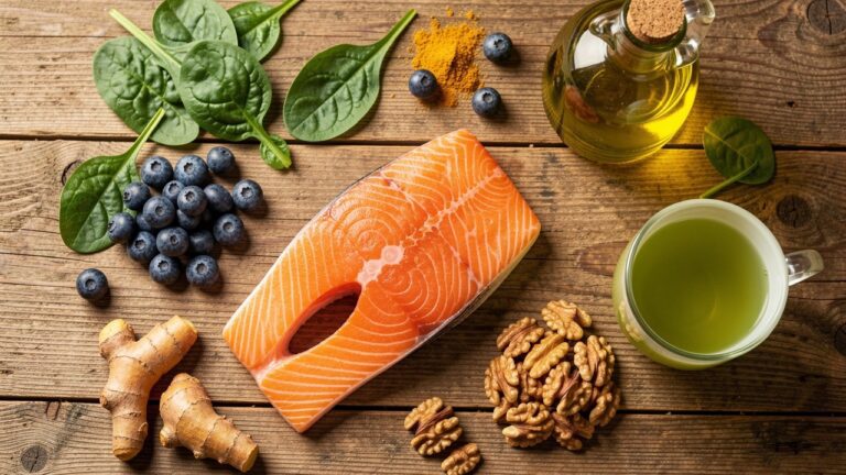 Aliments anti-inflammatoires : saumon, myrtilles, épinards, curcuma, huile d olive et noix