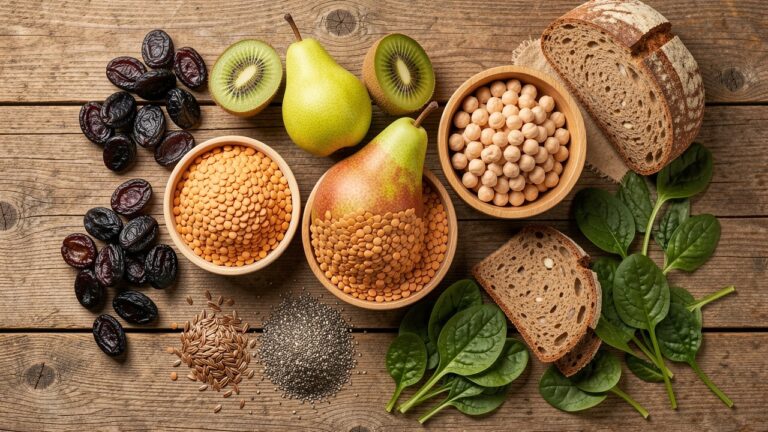 Aliments riches en fibres pour le transit : pruneaux, kiwi, poire, lentilles, pois chiches, pain complet et graines