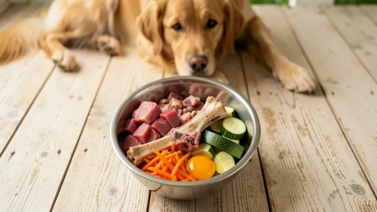 Ration BARF chien composée de viande crue, os charnus, abats et légumes
