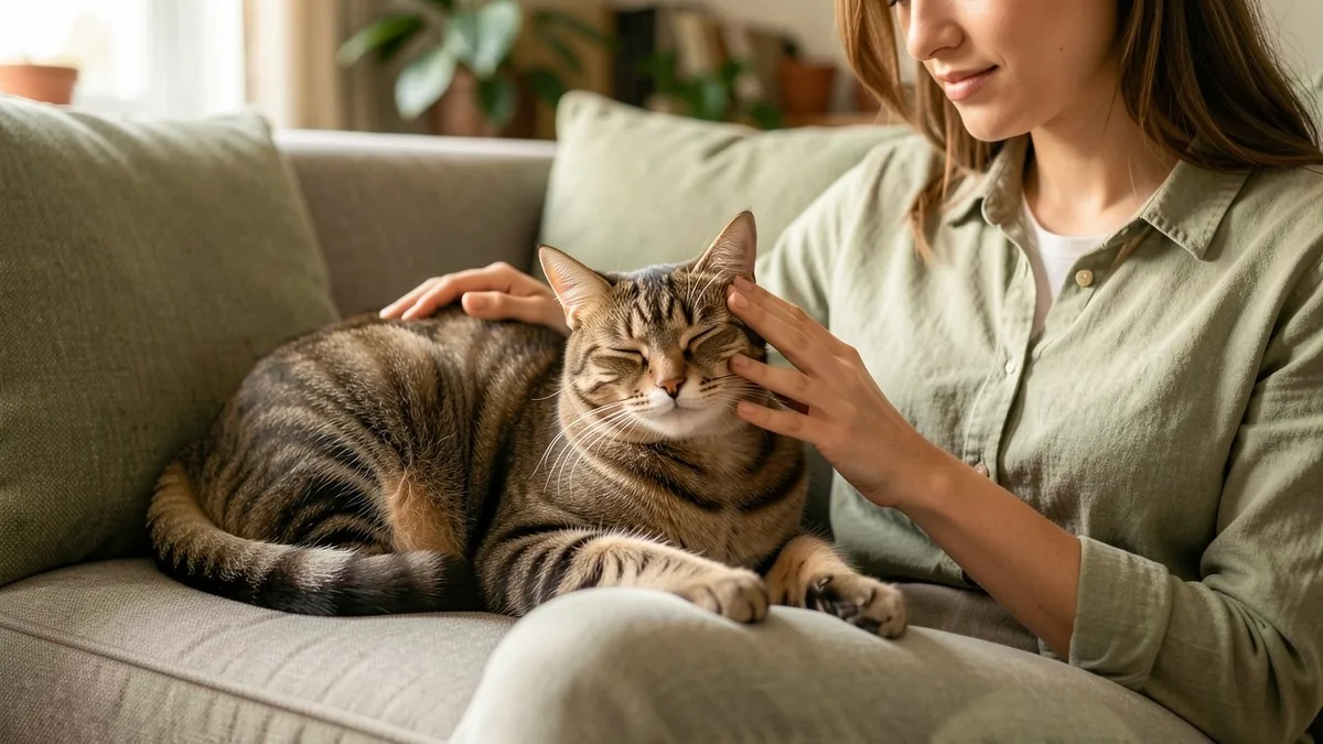 Propriétaire caressant doucement son chat détendu, illustrant un accompagnement apaisant du stress du chat