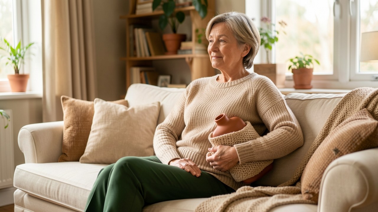 Femme tenant une bouillotte enveloppée dans une housse en tricot pour appliquer de la chaleur locale