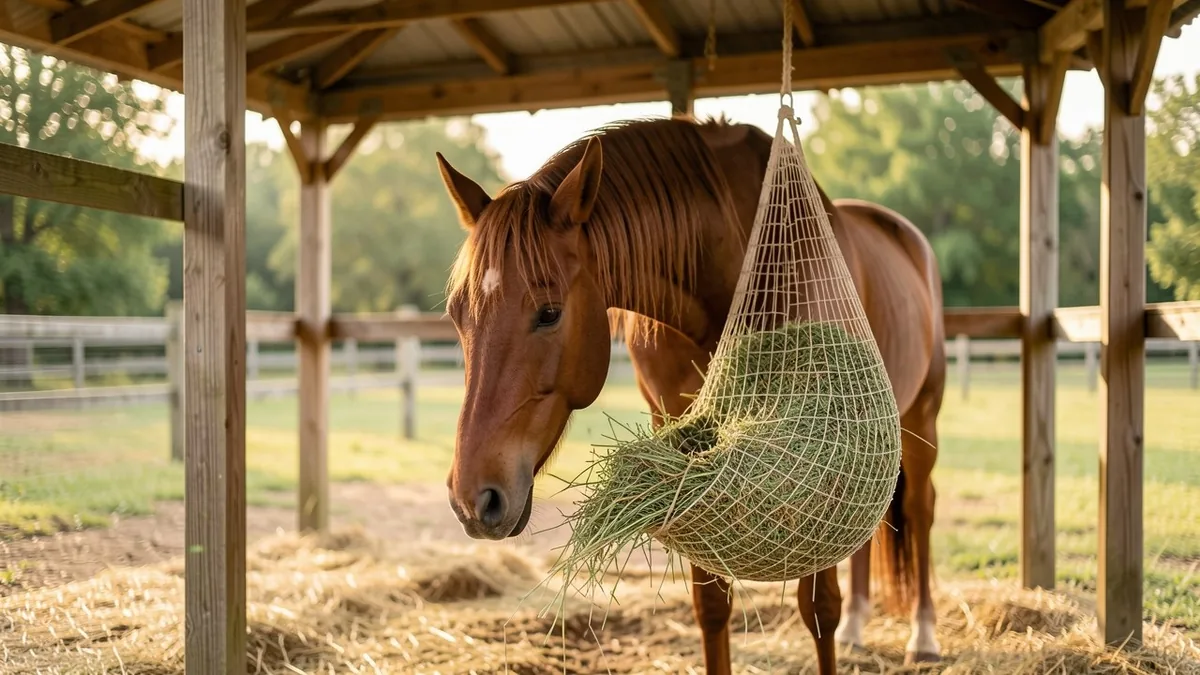 Cheval mangeant du foin dans un filet à foin à petites mailles
