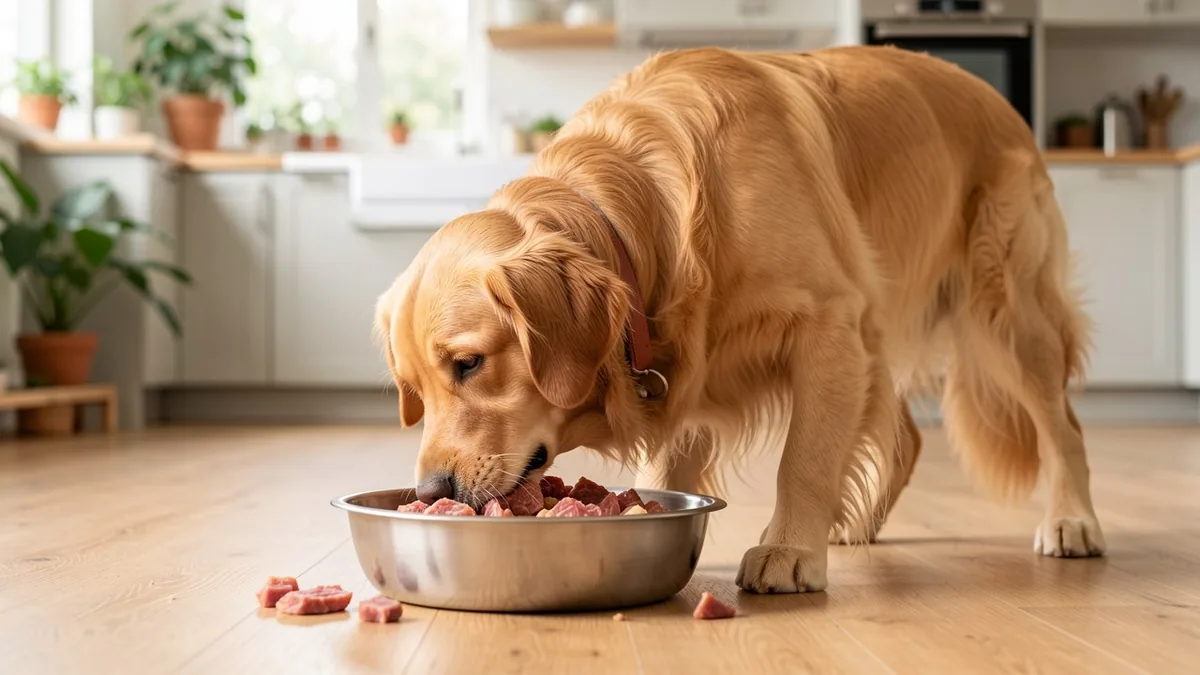 Chien adulte mangeant sa ration BARF crue composée de viande et légumes