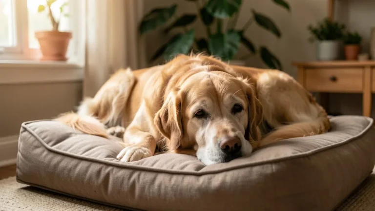 Chien senior au museau gris allongé paisiblement sur un couchage confortable