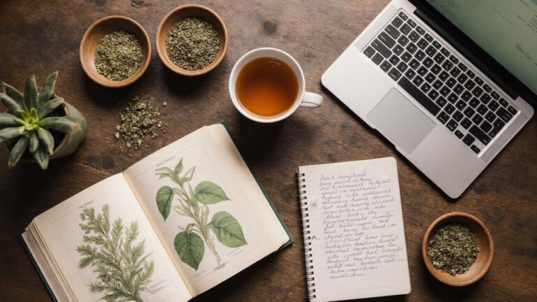 Bureau d un élève en formation de naturopathe : livre de botanique, plantes et ordinateur