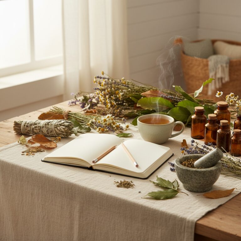 Ambiance chaleureuse évoquant une formation en naturopathie : herbes séchées, tisane et carnet de notes