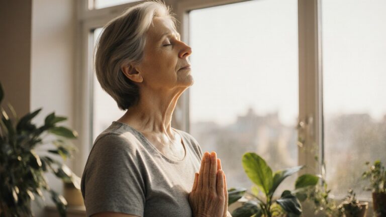 Femme en reconversion pratiquant un exercice de respiration pour devenir sophrologue