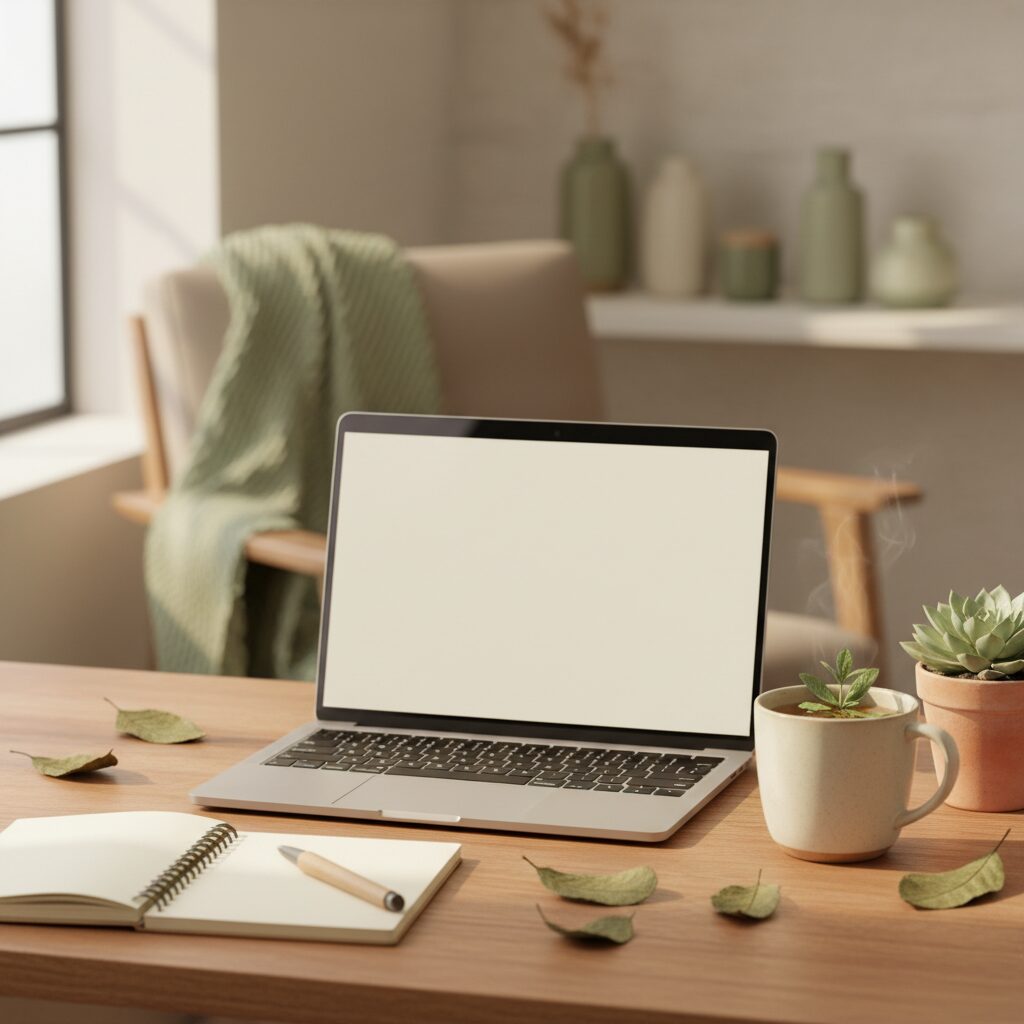 Poste de travail pour suivre une formation de naturopathie en ligne, avec ordinateur portable et tisane