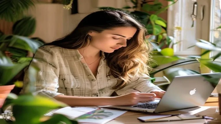 Adulte en reconversion suivant une formation de naturopathie à distance depuis chez elle
