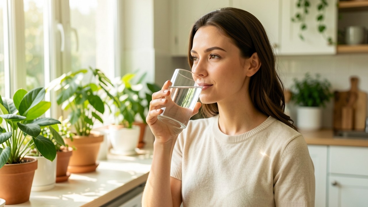 Femme buvant un verre d'eau le matin pour favoriser le transit intestinal