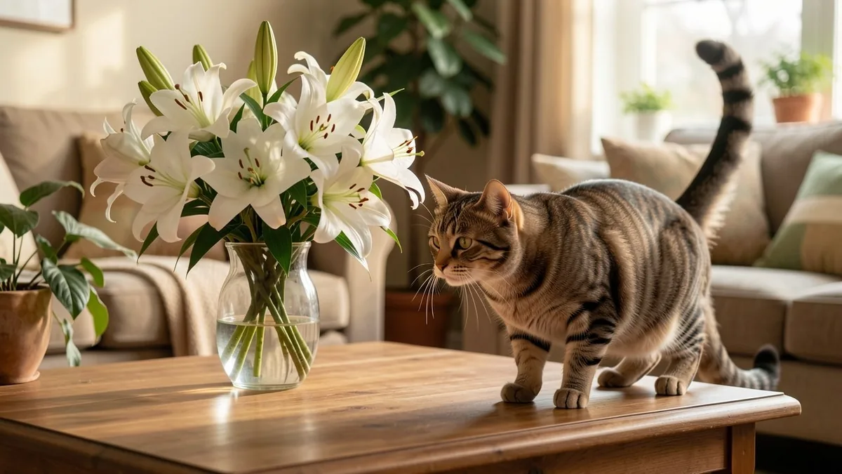 Chat curieux s'approchant d'un bouquet de lys, une plante toxique pour lui