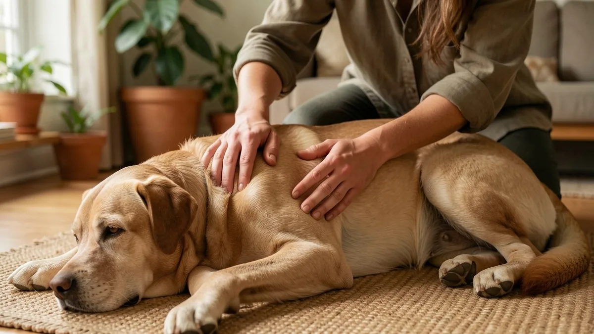 Maître massant doucement les articulations d'un vieux labrador, chien senior détendu
