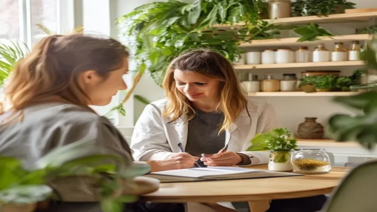 Naturopathe réalisant un bilan d'hygiène de vie avec une cliente en consultation