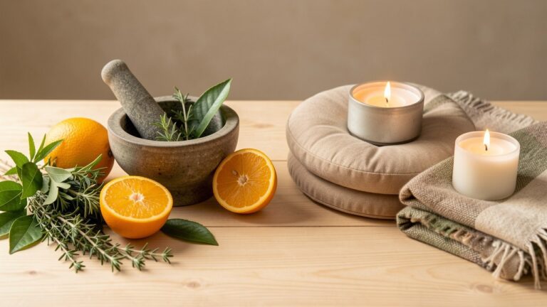 Naturopathie et sophrologie : plantes médicinales et coussin de méditation côte à côte