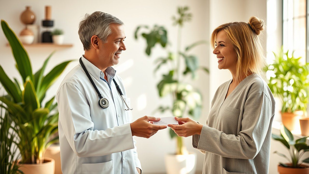 Naturopathe échangeant sa carte avec un professionnel de santé partenaire local
